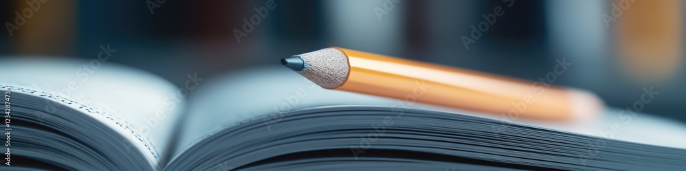 Poster a close-up shot of an open book with a pencil stuck in it, ready for writing or notes