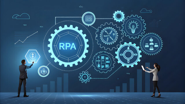 Two professionals interact with a glowing digital interface showing interconnected gears and the RPA acronym, ideal for technology implementation marketing banners.