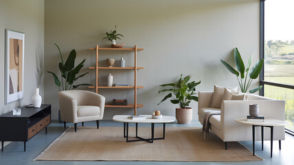 A modern living room with a neutral palette and simple, functional furniture