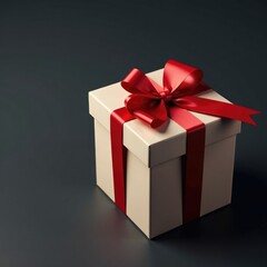 Obraz premium Present box with red ribbon and bow placed on a dark background with a subtle shadow effect, red ribbon, decorative, holiday decoration