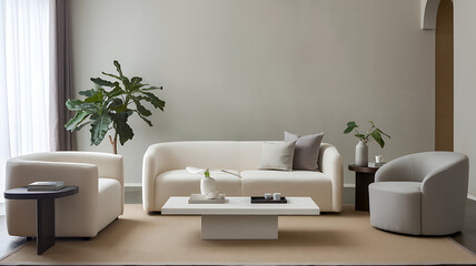 A modern living room with a neutral palette and simple, functional furniture