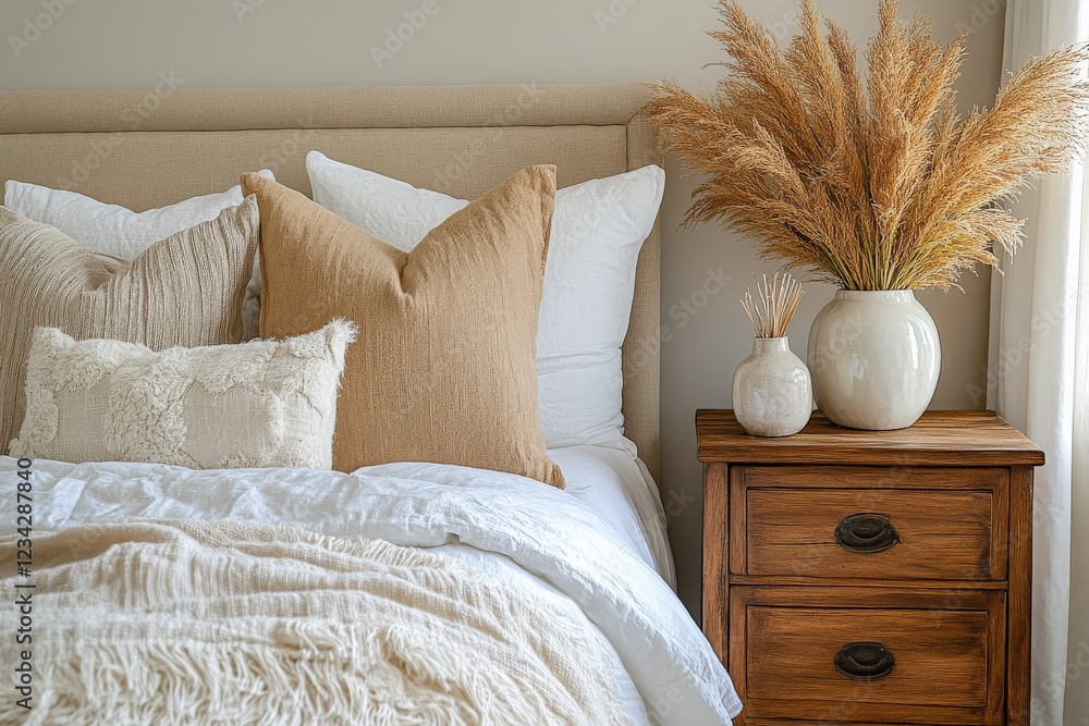 Aufkleber cozy bedroom with a neutral color palette and natural decor elements creating a serene atmosphere fo