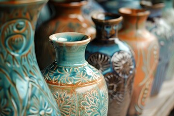 Earthenware vases, handcrafted with intricate floral patterns, stand in a row, demonstrating the beauty of ceramic art