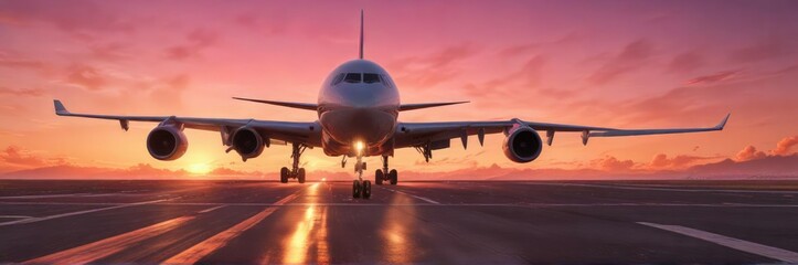 Plane touches down on runway as vibrant orange and pink hues of sunset fade into the horizon , golden hour, airport, sky view