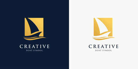 Box Sail Boat Ship Vessel white sea wave for Ocean Sailing Adventure Travel Trip Transportation logo design