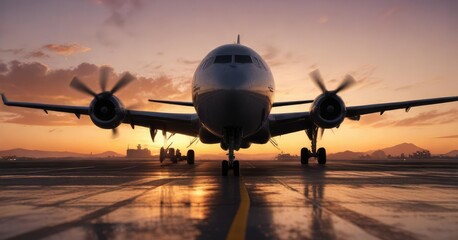 Plane being pushed back from gate towards runway during sunset, airfield scene, landscape
