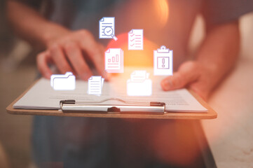 Document data system Report HR technology Concept Businessman Manager holding clipboard checking white documents reports papers of files icon in modern office