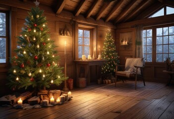 pine Christmas tree with candles and garlands in a rustic cabin, warm lighting, festive atmosphere