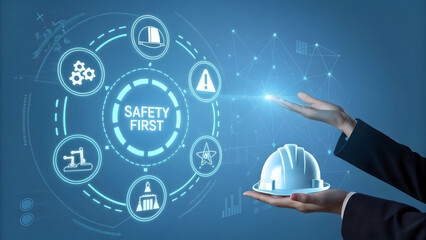 Safety first concept. Work safety compliance, A professional holds digital "Safety First" with icons that symbolize work safety, compliance, and protective measures. protection, workplace regulations
