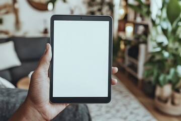 Hand holding a blank tablet in a cozy living room filled with plants and natural light for creative ideas