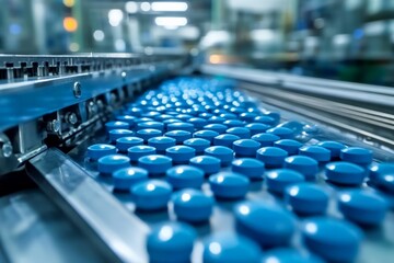 Naklejka premium Manufacturing process of blue tablets in a pharmaceutical facility at daytime