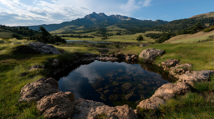 Fototapeta premium Mountain lake reflection, tranquil scene, calm water, peaceful nature
