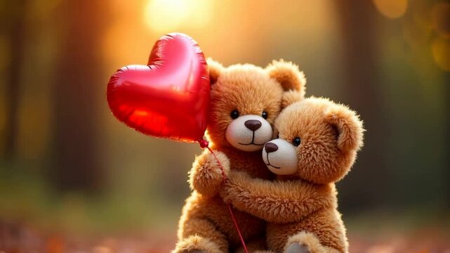 Two teddy bears with a red heart shaped balloon on blurred background. Cute toy bear couple hugging and holding heart. Valentine's Day. Love and romantic concept