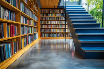 Obraz premium Modern library interior with wooden shelves and blue staircase under natural light