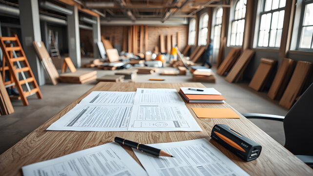Indoor photo of contract. work. construction site. table. documents. Generative AI