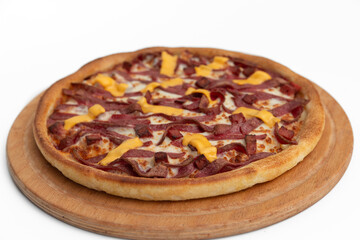 Pizza with salami  cheese and sausage on a white background