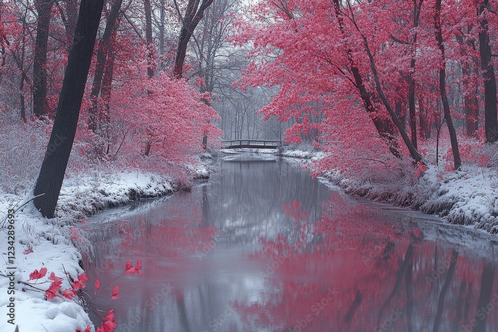 Poster winter landscape with snow-covered trees and vibrant red foliage along a tranquil river in a serene 