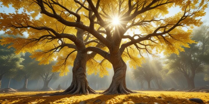 Sol amarillo brillando a trav?s de las hojas del arbol grande, tree, nature, photography