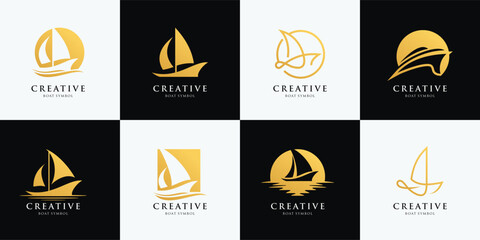 Luxury Sail Boat Ship Vessel and sea wave for Ocean Sailing Adventure Travel Trip Transportation Design Logo Collection  © Urwah