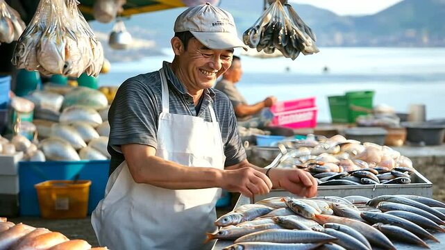 Coastal Fish Market Selling Fresh Seafood in Summer