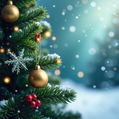 Softly falling snowflakes on a festive Christmas tree, sparkle, holly, evergreen