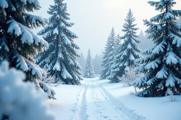 Obraz premium Softly falling snowflakes create a serene landscape amidst snow-covered evergreens, gentle, frozen, white