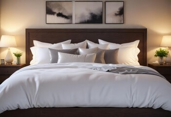 Soft lighting illuminates a luxurious bed with crisp white linens and fluffy pillows in a serene bedroom atmosphere , lighting, relaxing, linen