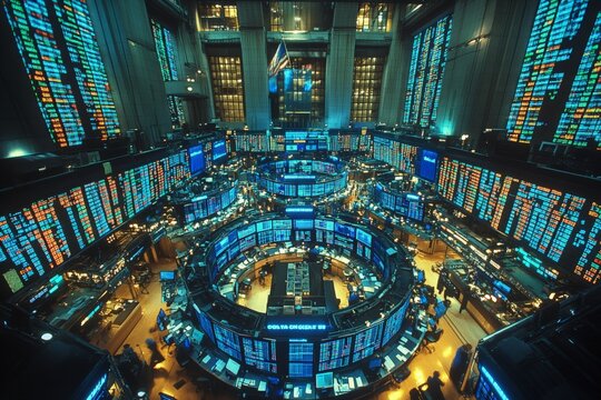 Stock market trading floor bustling with activity and shimmering screens in a major financial district