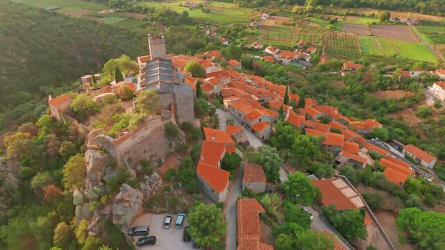 Aerial view of Eus, the medieval hilltop town in Pyrenees mountains, France. 