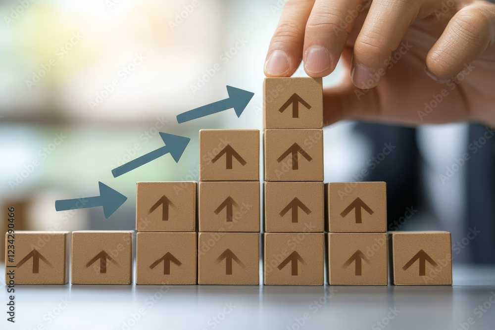Poster hand arranging blocks to demonstrate growth in a business or project setting