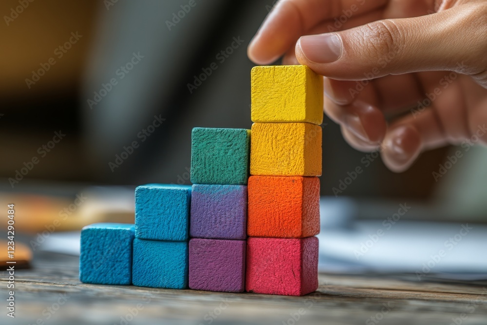 Poster Stacking colorful wooden blocks to create a vibrant tower on a wooden table