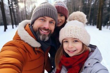 Fototapeta premium Smiling father and daughters taking selfie while enjoying winter holidays in snowy park