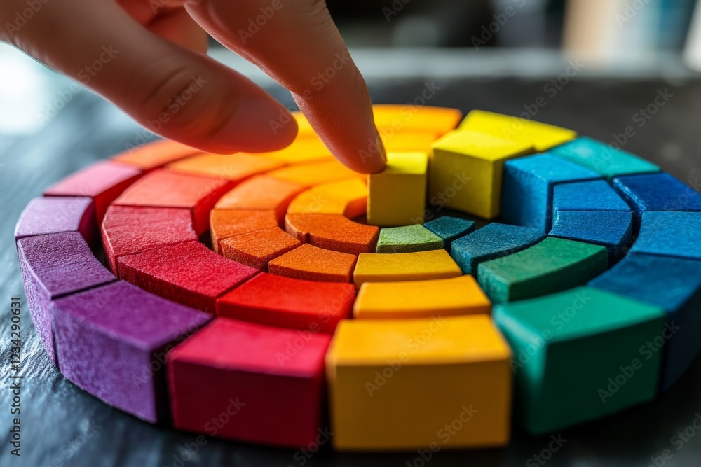 Poster colorful geometric blocks are arranged in a spiral pattern as a hand places a piece in the center of