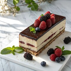 layered chocolate and vanilla ice cream cake, elegantly topped with glossy dark chocolate ganache.