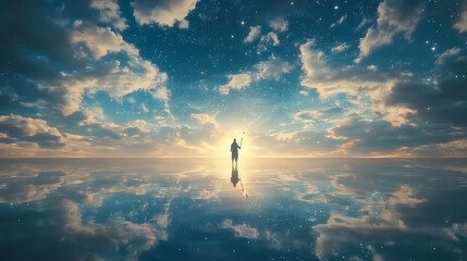 Silhouette of a Person at Sunset with Water Reflection