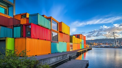 Fototapeta premium Container Cargo freight ship in harbor with cityscape background at twilight time.