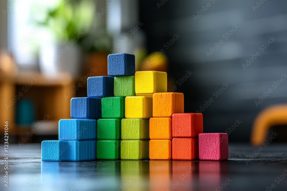 Poster Colorful wooden blocks arranged in a pyramid shape create a playful display in a cozy indoor setting