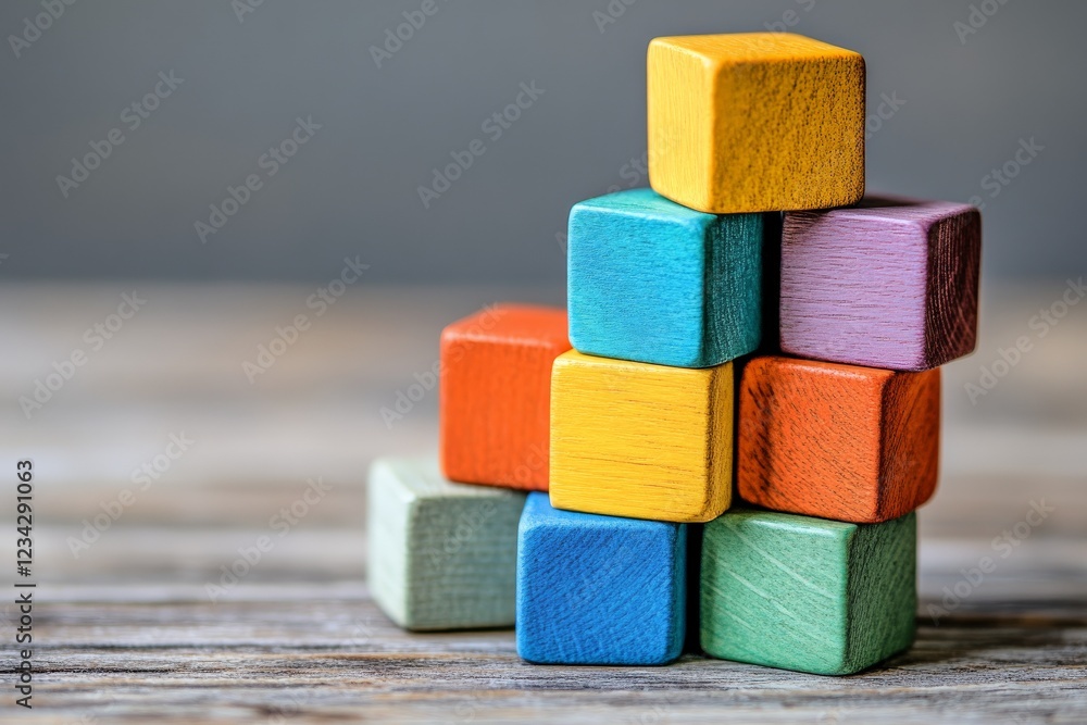 Poster colorful wooden blocks stacked creatively on a rustic wooden surface during daylight hours