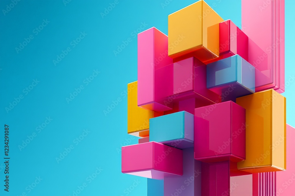 Poster colorful geometric shapes create a vibrant abstract composition against a bright blue background in 