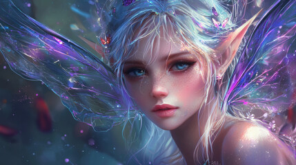 Fairy girl with blue hair and delicate wings standing in a magical forest setting