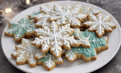Fototapeta premium Snowflake-patterned Christmas cookies on a platter, sweet, christmas