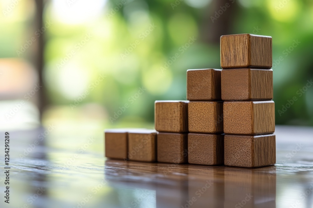 Poster Wooden blocks arranged in a staircase pattern on a table surrounded by greenery in a natural setting