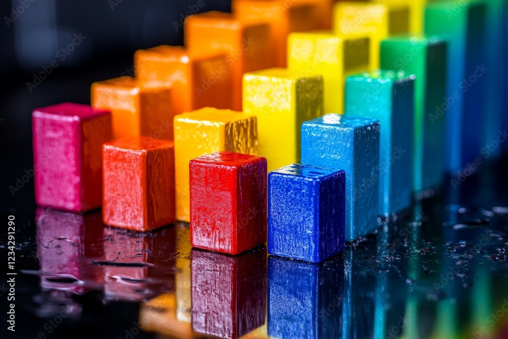 Poster colorful wooden blocks arranged in a gradient on a reflective surface showcasing their vibrant hues