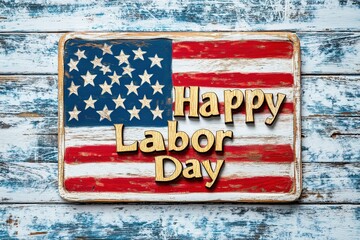 Fototapeta premium Engaging in the shared excitement of national Labor Day. Side view of american flag, set of tools, safety helmet, work gloves on wooden brown background with empty space for promo or text 