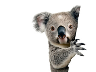Fototapeta premium A baby koala with large eyes and soft gray fur, resting in a tree. Transparent background