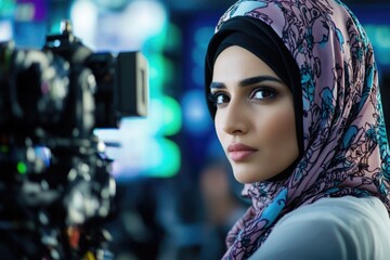 A woman wearing a headscarf looks directly at the camera
