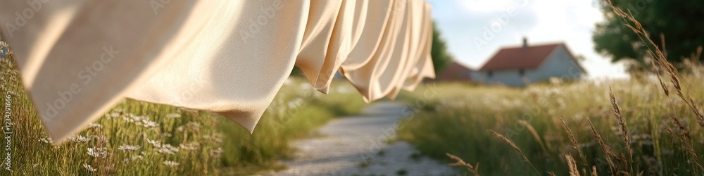 Poster a simple scene of a white cloth hung on a clothesline in an open field, perfect for use as a backgro