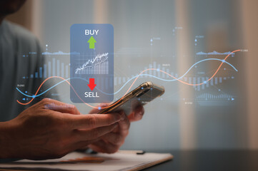 investment stock market data analysis concept, businessman using smartphone analyst virtual trading graph, trading online, financial mobile application platform