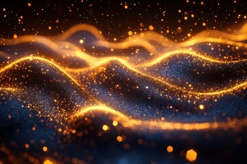 Abstract waves of glowing particles in a dark, atmospheric setting.