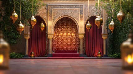 Moroccan Wedding Podium with Lanterns and Geometric Patterns. Hanging Fabric Drapes and Candles in a Courtyard. Copy space. Generative AI